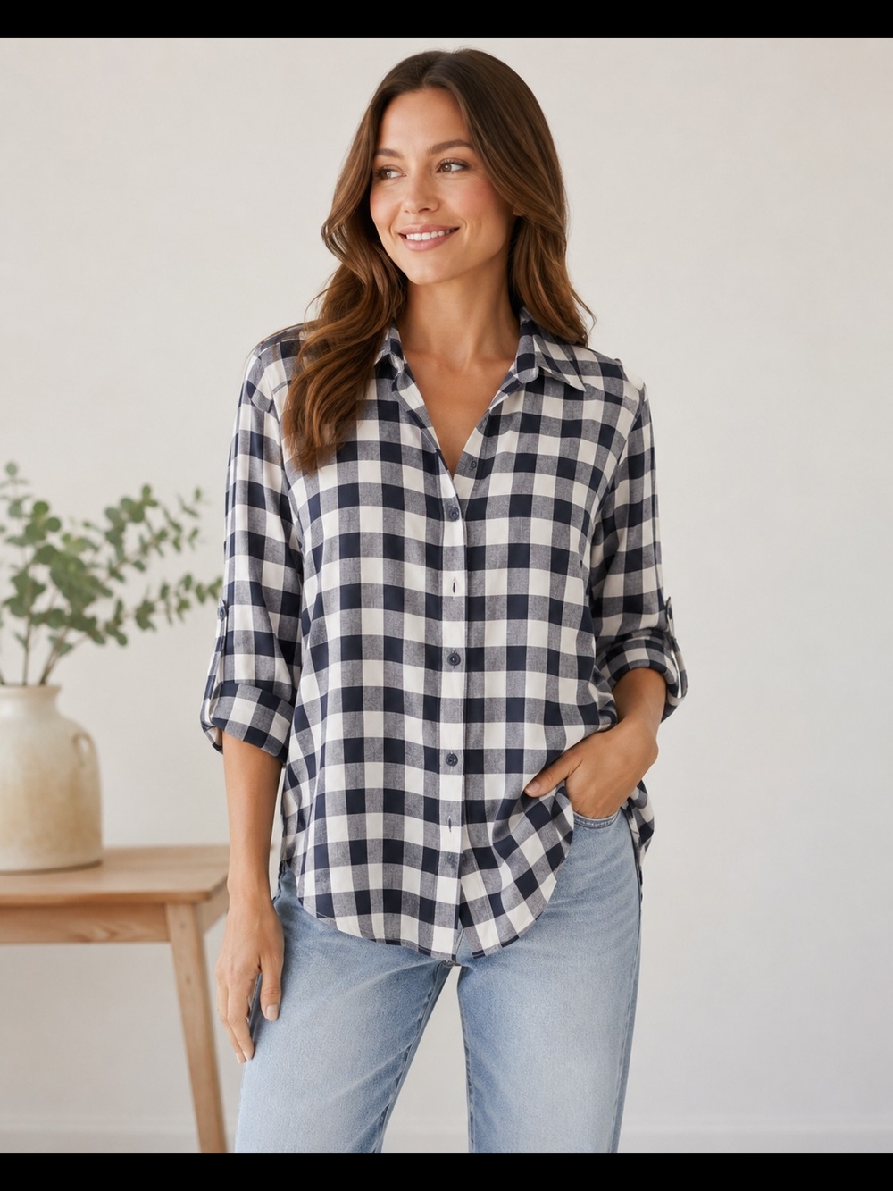 Gloria Vanderbilt Navy Blue and White Gingham Button-Down Shirt